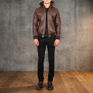 Veste décontractée unisexe en cuir véritable marron et toile matelassée coupe-vent, coupe ajustée, fermeture éclair, col mandarin, pour l'hiver - Product Image 4