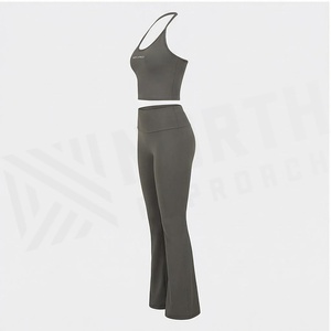 North Approach 2 Piece Yoga Set Solid Gray Halter Crop Top High Waist <b>Flared</b> <b>Leggings</b> Breathable Seamless Sportswear - Product Image 4