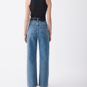 Jeans de Mujer de Cintura Alta y Pierna Ancha, Lavado Claro, Corte Recto, Costuras Resistentes, Transpirables, de Algodón - Product Image 2