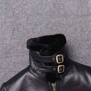 Blouson de motard en cuir noir pour homme avec col en fourrure ton sur ton, manteau d'hiver en peau de mouton véritable, doublure polaire chaude, vêtement d'extérieur décontracté - Product Image 5