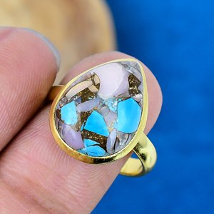 Natural Pink <b>Opal</b> Copper Turquoise Pear Shape Gemstone <b>Ring</b> 18k <b>Gold</b> Micron Over 925 Solid Sterling Silver - Product Image 3