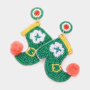 Pendientes de Lona Hechos a Mano con Diseño de Zapatos de Elfo Verde, Pompones y Flores, Joyería para Mujeres y Niñas, Navidad, Año Nuevo - Product Image 1
