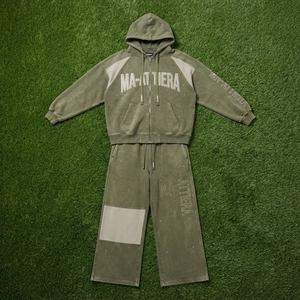 MA-ATTIERA Conjunto de Sudadera con Capucha y Pantalones para Hombre, Verde Oliva, Cremallera Completa, Ajuste Holgado, Estilo Urbano Casual, Estampado de Letras - Product Image 6