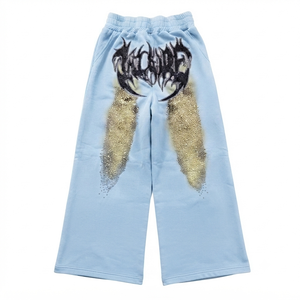 Light Blue Men's Acid Canvas Sweatpants <b>Sequined</b> Logo 100% Cotton Fleece Thickness Drawstring Closure Casual Style Wholesale - Product Image 1