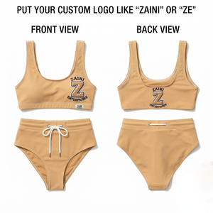 Maillot de bain femme en nylon et élasthanne de qualité supérieure, tissu extensible 220 GSM, couleur bronzée, ensemble bikini taille haute avec logo personnalisé par transfert thermique - Product Image 1
