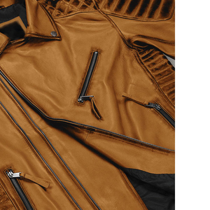 Men's <b>Brown</b> Genuine <b>Leather</b> Moto <b>Jacket</b> Zipper Closure Mandarin Collar Breathable Embossed Details Slim Fit Regular Length - Product Image 2