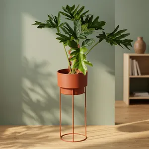 Support de plante en métal orange rouille haut avec pot de fleurs cylindrique moderne et base ronde fine pour plantes d'intérieur salon - Product Image 5