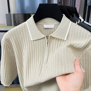 Camiseta de Punto Personalizada con Logotipo OEM para Hombre, Jersey de Manga Corta con Cierre de 1/4, Cuello Bordado, Camiseta de Punto Informal de Verano - Product Image 3