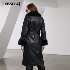 New Women Winter Faux <b>Fur</b> Trimmed PU Leather Eco-Friendly Thick Double Breasted Long Jacket Warm Fashion Outerwear OEM ODM - Product Image 5