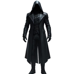 Handmade Men's Gothic Hooded Leather Trench <b>Coat</b> <b>Steampunk</b> Cyberpunk Darkwear Long <b>Coat</b> High-Volume Gothic, Dystopian Wholesale - Product Image 1