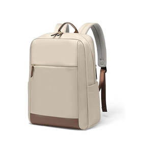 Beige Waterproof <b>Backpack</b> with Brown Leather Trim Minimalist <b>Laptop</b> Bag <b>for</b> Men <b>Women</b> Large Neoprene Crossbody <b>Laptop</b> Messenger - Product Image 3