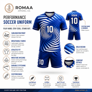Ensemble Maillot et Short de Football Personnalisé Bleu Royal et Blanc avec Nom et Numéro, Motif Spirale Sublimé, Tenue d'Équipe OEM Usine Pro - Product Image 5