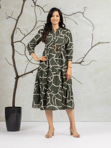 เดรสผู้หญิงลายพิมพ์ดีไซน์สวย ผ้าฝ้าย 100% แขน 3/4 ติดกระดุม มีเข็มขัด สวมใส่สบายๆ หรือใส่ทำงานได้ ดีที่สุดตลอดกาล - Product Image 5