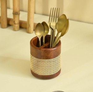Porte-ustensiles en bois, support à couverts, organisateur de cuillères, fourchettes et couteaux, rangement pour comptoir de cuisine, boîte en bois rustique - Product Image 3