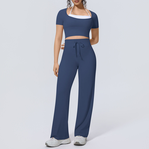 Ensemble 2 pièces de yoga sans bretelles, col carré, taille haute, longueur intégrale, sans couture, respirant, extensible, en Spandex/Nylon imprimé - Product Image 1