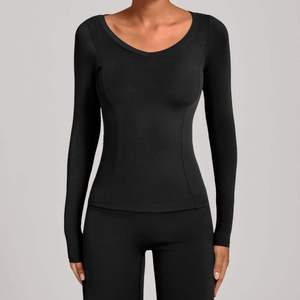 T-shirt de sport respirant à séchage rapide en Spandex/Nylon, écologique, nouveau, pour la gym et le fitness, col en V, manches longues, hauts de yoga - Product Image 2