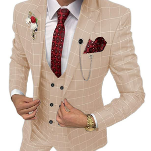 Traje de 3 Piezas para Hombre, Corte Slim, Color Beige a Cuadros, Cuello de Solapa, Cierre de Cremallera, Ropa Formal de Negocios, Antiarrugas - Product Image 1