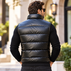 Chaleco Bomber de Cuero Genuino para Hombre |   Chaleco Acolchado de Cuero Genuino para Hombre |   Chaleco Bomber Acolchado en Piel Auténtica - Product Image 2