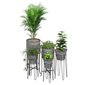 Juego de Macetas Modernas de Metal Galvanizado de Mediados de Siglo con Soportes de Hierro Resistentes, Maceteros Escalonados para Interiores y Exteriores, Decoración para Balcón - Product Image 1
