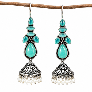 Boucles d'oreilles pendantes en argent oxydé avec pierre verte, tendance, pour femmes, commande en gros, stock disponible, livraison rapide - Product Image 2