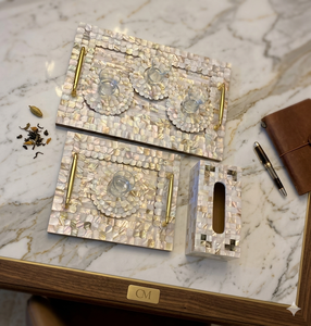 Handmade Eco-Friendly Modern Decorative Pearl Mother of Pearl <b>Round</b> Rectangle Serving <b>Tray</b> with Unique Bone Inlay Design Handles - Product Image 1