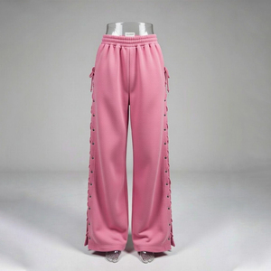 Pantalon décontracté pour femme à jambes larges avec détails de lacets latéraux, taille élastique, coupe décontractée - Product Image 2