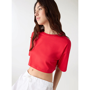 Women's <b>Red</b> <b>Cropped</b> Knitted T-Shirt O-Neck Short Sleeve Loose Fit Solid Color Casual <b>Top</b> Spring Summer Style - Product Image 2