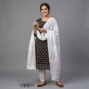 Traje Indio de Algodón con Estampado Floral Blanco y Negro para Mujer |   Salwar Kameez Punjabi de Alta Calidad con Estampado a Mano |   Conjunto de Ropa Casual Étnica - Product Image 2