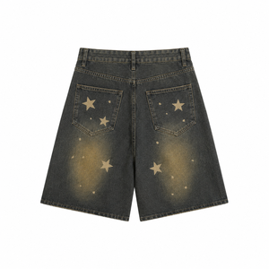 Shorts en jean Y2K pour hommes, imprimé étoiles, style streetwear vintage délavé, coupe ample, jorts décontractés à jambe large, hip-hop - Product Image 3