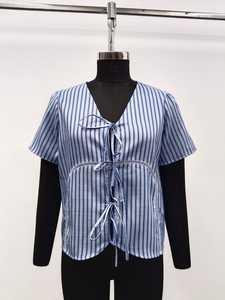 Top de Manga Corta con Cuello en V y Rayas, con Cordones Delanteros, Corte Regular, Estilo Casual de Verano, Cintura Natural, Transpirable, 100% Algodón - Product Image 1