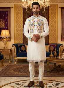 Conjunto de Kurta y Pijama Bordado en Seda Real para Hombre |   Ropa Étnica de Diseño para Bodas y Festivales - Product Image 5