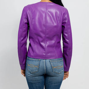 Women's <b>Purple</b> PU Leather Moto Jacket Full Sleeve Zipper Closure Turn-down Collar Solid Color Autumn Fashion - Product Image 2