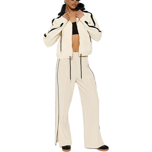 Women's two tone black ivory contrast zipper hoodie <b>pants</b> tracksuit set loose fit trouser black <b>line</b> piping tracksuit set - Product Image 1
