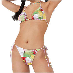 Hot Women's Pink Plaid & <b>Letter</b> Print Halter Neck Two Piece Bikini Set with Eco-Friendly Stretch Fabric - Product Image 1