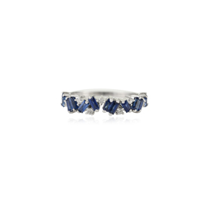 Anillo de Media Eternidad Zig Zag con Zafiro Azul y Diamantes, Diseño Único, Producto de Alta Calidad, Oro Blanco Sólido K14, Joyería Apilable - Product Image 1