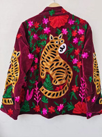 Blouson Bomber Vintage en Velours et Coton Suzani, Brodé à la Main, Réversible, Motif Floral, Style Bohème, Court, Ethnique, Printemps, Été, Hiver