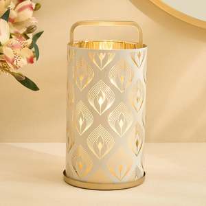 Golden Leaf Pattern Cylinder <b>Candle</b> <b>Holder</b> 20cm <b>Tall</b> Durable Home Decoration - Product Image 3