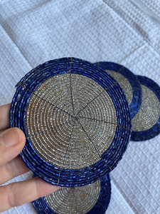 Set of 6 Eco-Friendly Luxury Vintage Beaded <b>Coasters</b> Blue <b>Silver</b> Tribal Boho Decor by Whimsy Art Craft Seed Bead & Cotton - Product Image 4