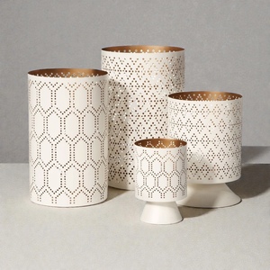 White Steel Candle Holders <b>Set</b> With Geometric Cutout Pattern Heat Resistant Cylinder <b>Lanterns</b> For Home Decoration - Product Image 1