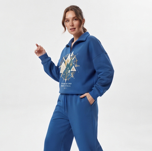Ensemble de survêtement décontracté pour femme, imprimé, 100 % coton, coupe ample, pantalon de survêtement à jambe large, manches longues, molleton confortable - Product Image 4