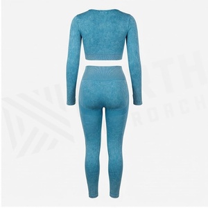 Ensemble de yoga 2 pièces, col carré, longueur intégrale, côtelé, bleu uni, legging taille haute, haut court à manches longues, Spandex Polyester extensible dans les quatre sens - Product Image 5