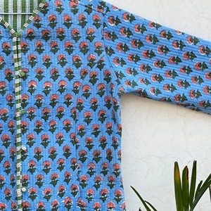 Veste matelassée en coton pour femme, imprimé floral, manches longues, col en V, fermeture boutonnée, longueur normale, vêtement d'extérieur - Product Image 2