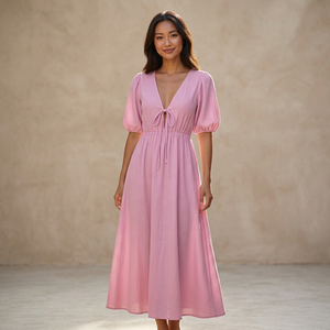 Wholesale Customizable Solid Woven Crepe Puff Short <b>Sleeve</b> Maxi A-Line Breathable Casual Women's <b>Summer</b> Cotton <b>Dress</b> - Product Image 4
