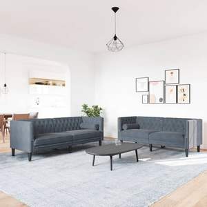 Conjunto de Sofá Chesterfield Grande de Madera con Tapicería de Terciopelo Gris Oscuro para Sala de Estar - Product Image 3