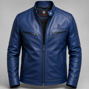 Blouson moto homme Fly Humble en cuir PU bleu, col montant, fermeture éclair, coupe ajustée, coupe-vent, pour l'automne, prix de gros abordable - Product Image 1