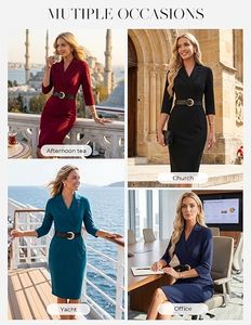 Robe de soirée élégante pour femme, coupe fourreau, en maille unie, col en V, manches 3/4, taille haute ajustée, longueur genou, style portefeuille - Product Image 5