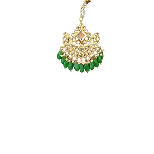 Tikka Kundan étnica chapada en oro con perla de esmalte azul, joyería hecha a mano para la frente, para mujeres, para bodas - Product Image 2