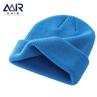 Bonnet en tricot acrylique bleu avec revers côtelé, chapeau d'hiver, logo personnalisé, casquette décontractée pour l'extérieur