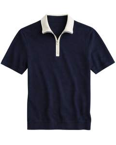 Manufacturer <b>Mens</b> Navy Blue Quarter Zip Polo <b>Shirt</b> With <b>White</b> Collar Short Sleeve <b>Casual</b> Knit Custom Manufacturer Summer Top - Product Image 1