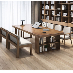Wooden <b>work</b> <b>desk</b> with a modern minimalist design that has integrated storage shelves on the side of the table - Product Image 2